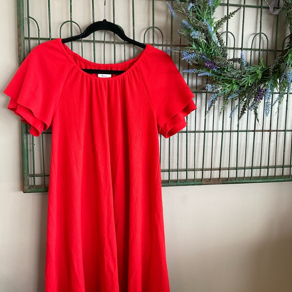 Madewell Orange-Red Flutter-Sleeve Mini Dress small texture and thread